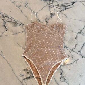 White Fox Boutique Polka Dot Bodysuit in Beige and White